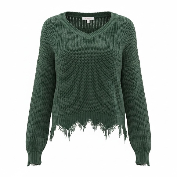 No Boundaries Sweaters - No Boundaries Forest Green V-Neck Cropped Jagged Bottom Chenille Sweater Jr XXL